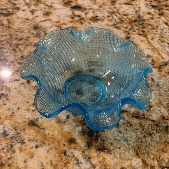 Vintage Italian Colony Glass Ruffled Edge Waffle Bowl & Plate Set Aqua Blue - Picture 4 of 12